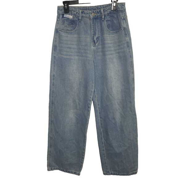 DAZY Wide Leg Jeans High Rise Light Wash Whiskered Denim Womens Size L Blue - Picture 1 of 11